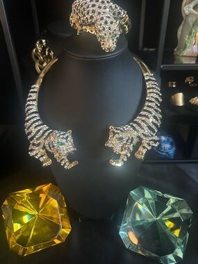 Natasha Gold-Tone Crystal Collar Necklace & bracelet set Tiger with Emerald Eyes